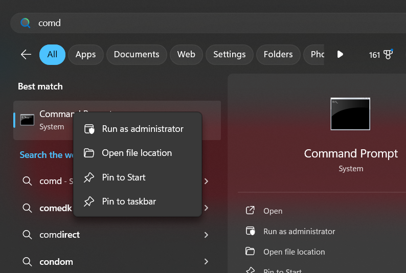 Command line as admin..